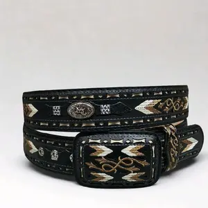 Leather Belt with Artisanal Embroidery for Men Classic Cowboy Style Authentic Look