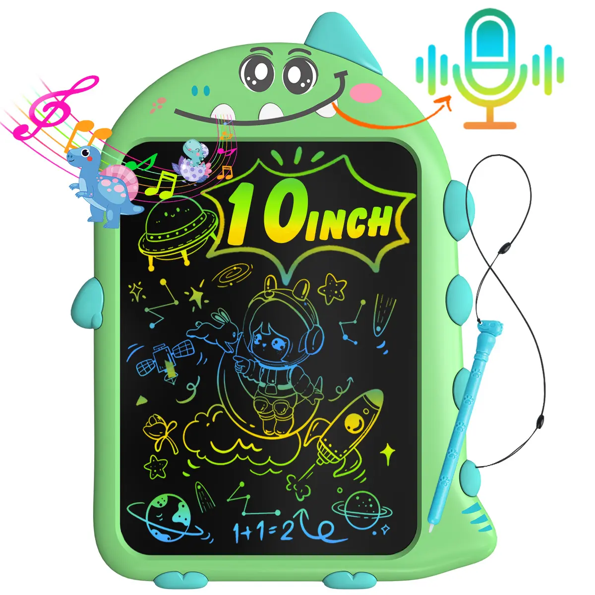 10inch LCD Writing Tablet for Kids，Record and Play Dinosaur Sounds ,Drawing,Rechargeable Doodle Board ,Dinosaur Shaped Toddler Learning Toys for 2 3 4 5 6 Boys and Girls