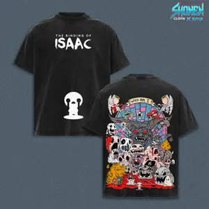 The Binding of Isaac Who Am I Washed Grey Top, Retro Roguelike Video Game Bosses Graphic Apparel, Acid Wash Grey Distressed Texture Drop Shoulder Loose Fit Outfits