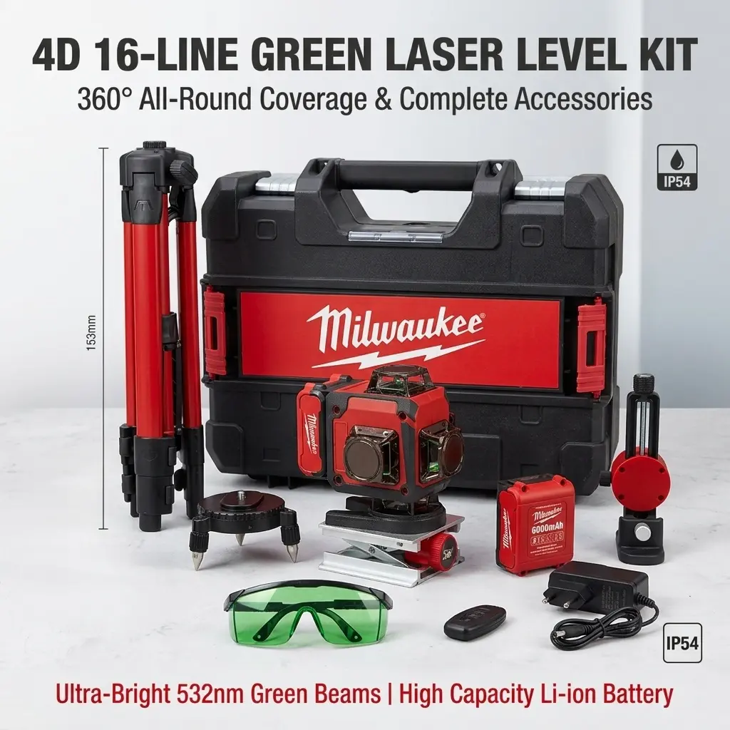 Milwaukee 4D 16-Line Green Laser Level Kit, 360° Coverage, 532nm Green Beam, Rechargeable Battery & Accessories
