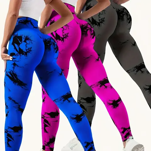 Women's 3pc Tie Dye Seamless Tight Gym Set - High Waisted, Butt Lifting Wide Waistband, Stretchy Elastane Nylon Leggings for Gym, All Seasons Athletic Bottoms
