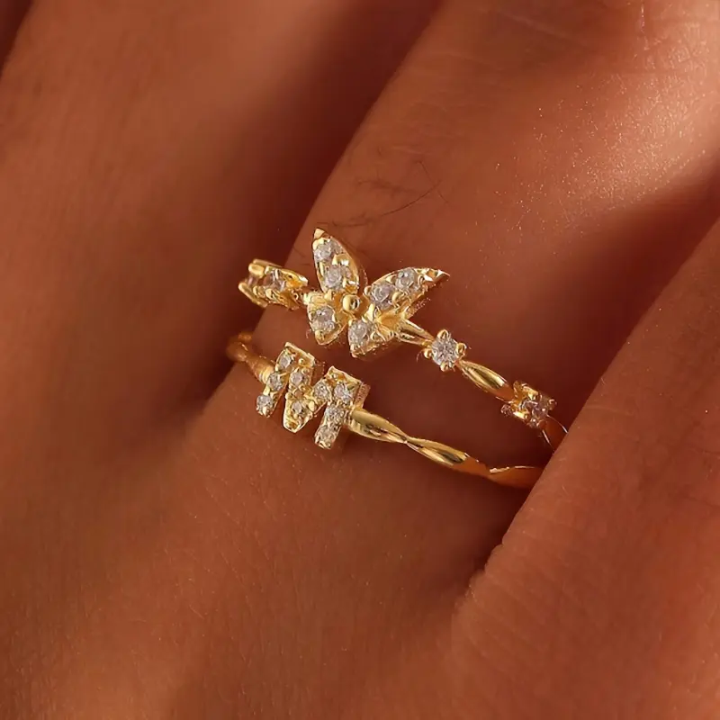 Women's Dainty Butterfly Initial Stacking Gold Ring, 1pc 26-Letter A-Z Name Ring, Fashion Costume Jewelry for Birthday Christmas Gifts