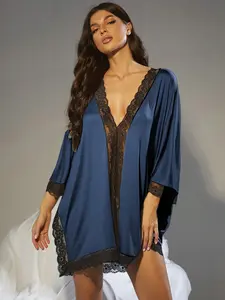 Women's Contrast Lace Batwing Sleeve Pajama Nightdress - Loungewear and Nightwear Pajama Set Comfortable Elegant nightwear loungewear cute nightwear