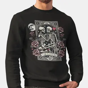 Gothic Lovers Tarot Sweatshirt – Unisex Skeleton Valentines Day Crewneck, Romantic Dark Aesthetic Gift, Vintage Skull Roses Alternative Apparel Casual