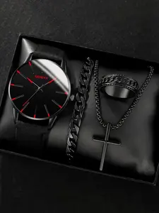 4-piece men's cool black round quartz watch with scale display - cross pendant necklace jewelry, ideal birthday gift