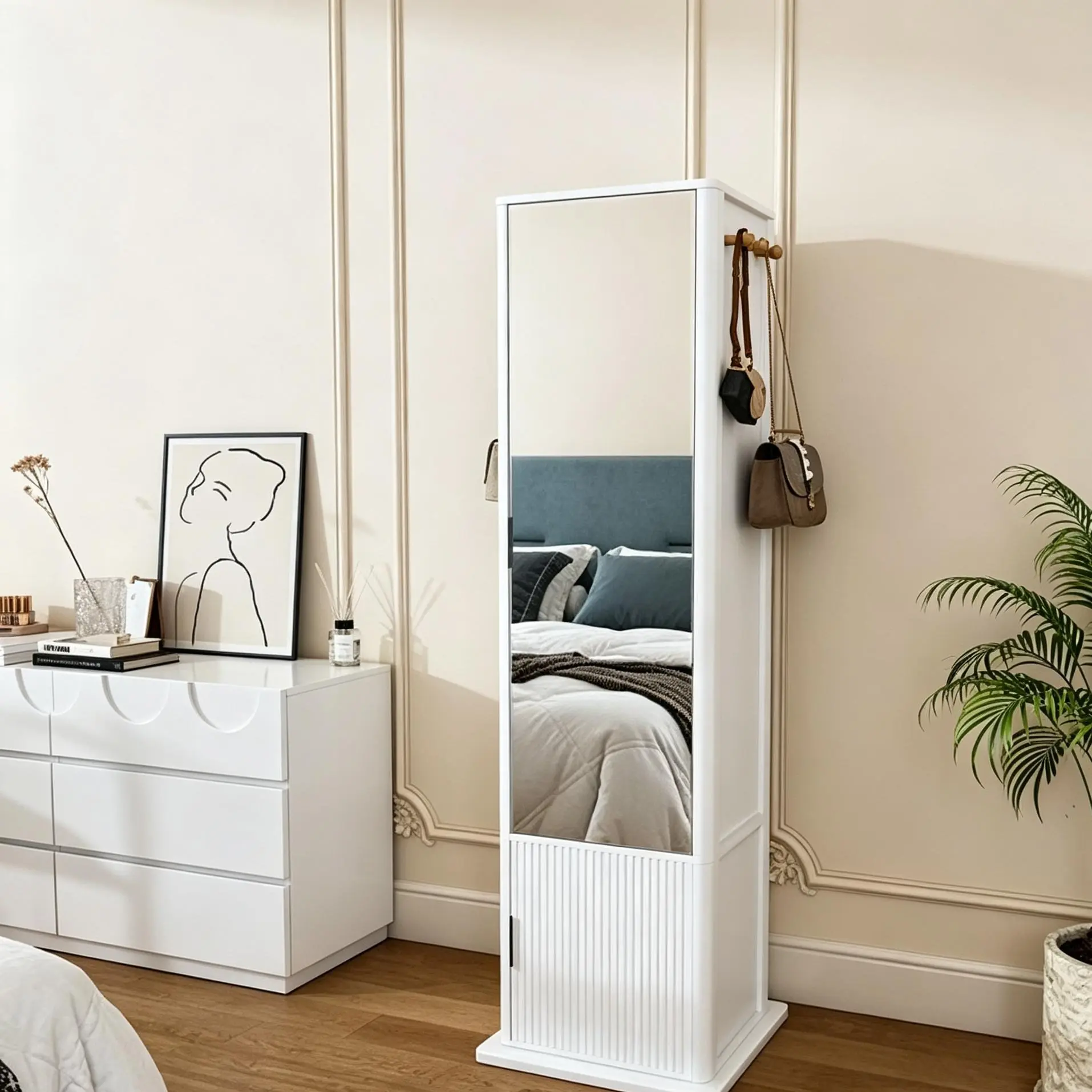 360° Rotating Mirror Cabinet with Jewelry Storage – 4-in-1 Space Saving Armoire with 4-Tier Bookshelf, 132 Ring Slots, 60 Earring Slots & Necklace Hooks. White Full-Length Mirror with Hidden Storage & Coat Rack for Bedroom.