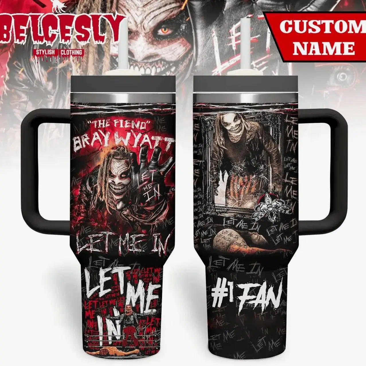 Bray Wyatt Let Me In WWE4U 40oz Tumbler With Handle – Shadow Monarch Stainless Steel Travel Mug, WWE Iced Coffee Cup, Manhwa Gift for WWE fans & UFC fans.