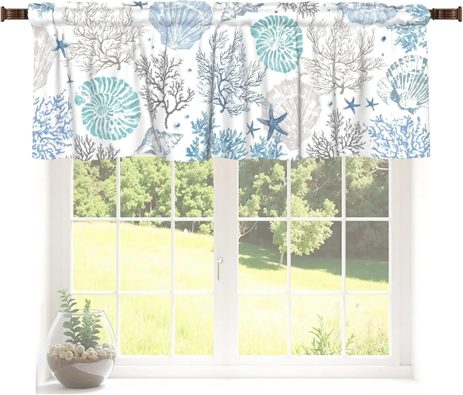 Nautical Coastal Curtains Valance for Windows Blue Ocean Coral Starfish Seashell Rod Pocket Valance Window Treatments 1 Panel Beach Themed Short Curtains for Living Room Bathroom Bedroom
