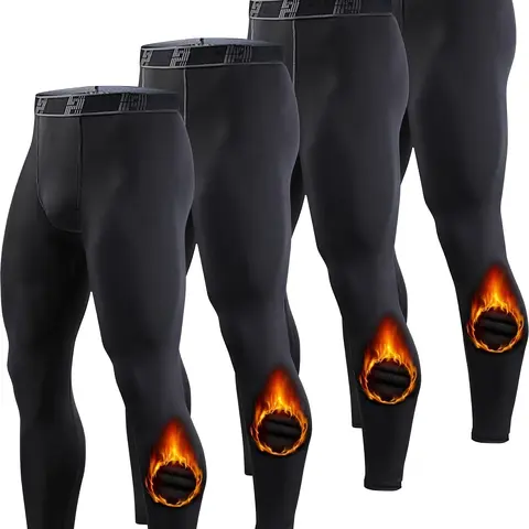 Men's 4-Piece Thermal Compression Leggings - Solid, Soft, Stretch Spandex, Knee-Warming, Skinny Tight-Fit Sports Bottoms for Cold Weather Outdoor Fitness, Full Coverage Active Wear