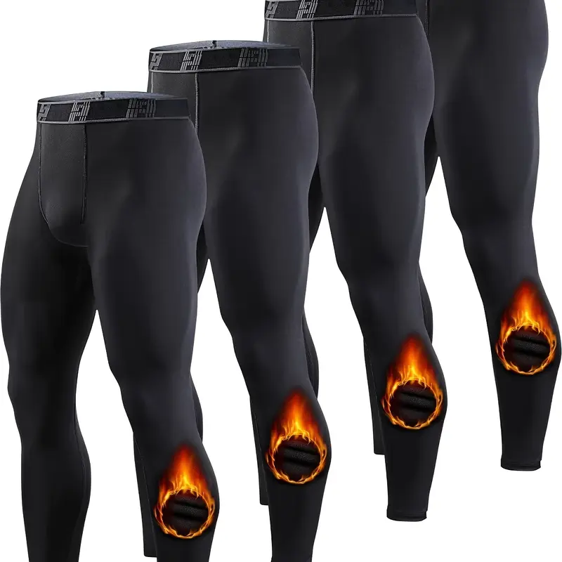 Men's 4-Piece Thermal Compression Leggings - Solid, Soft, Stretch Spandex, Knee-Warming, Skinny Tight-Fit Sports Bottoms for Cold Weather Outdoor Fitness, Full Coverage Active Wear