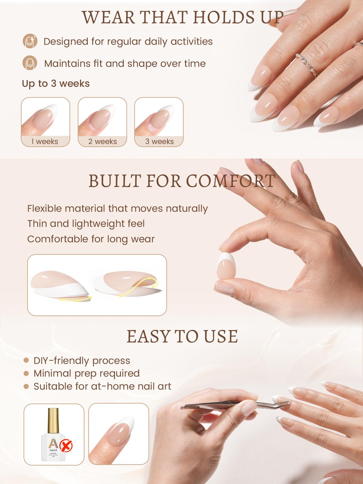 Aillsa Nude Base French Tip Press On Nails with Glossy or Matte Finish | Ready-to-Wear & DIY Options, Clean&Elegant Look for Dates, Events & Weddings