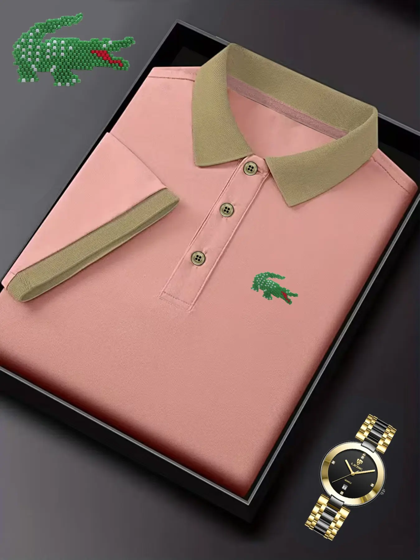 Ff4986 Fashion Crocodile Print Polo Shirt, Casual Fitted Short Sleeve, Breathable and Stretchy, All-Season Men's Top, Bestseller Style