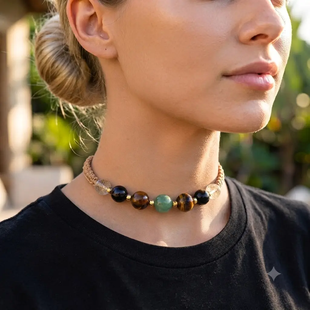 Wealth Protection 7 Crystal Choker Necklace Natural Citrine Moss Agate Tourmaline Tiger Eye Mixed Stones Spiritual Gift for Women