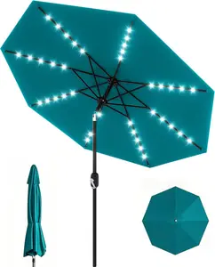 10 ft Patio Umbrella with Solar Lights, Outdoor Table Umbrella with 40 LED Lights & Tilt Crank, 8 Ribs Market Umbrella for Pool, Deck, Backyard, Turquoise
