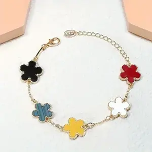 MaxBling81 Unisex Stainless Steel Link Bracelet - Adjustable Size, 5 Clover Leaves & Flower Charms, Lucky Durable Geometric Fashion Jewelry for Daily Wear (Valentine's Day/Birthday Gift)