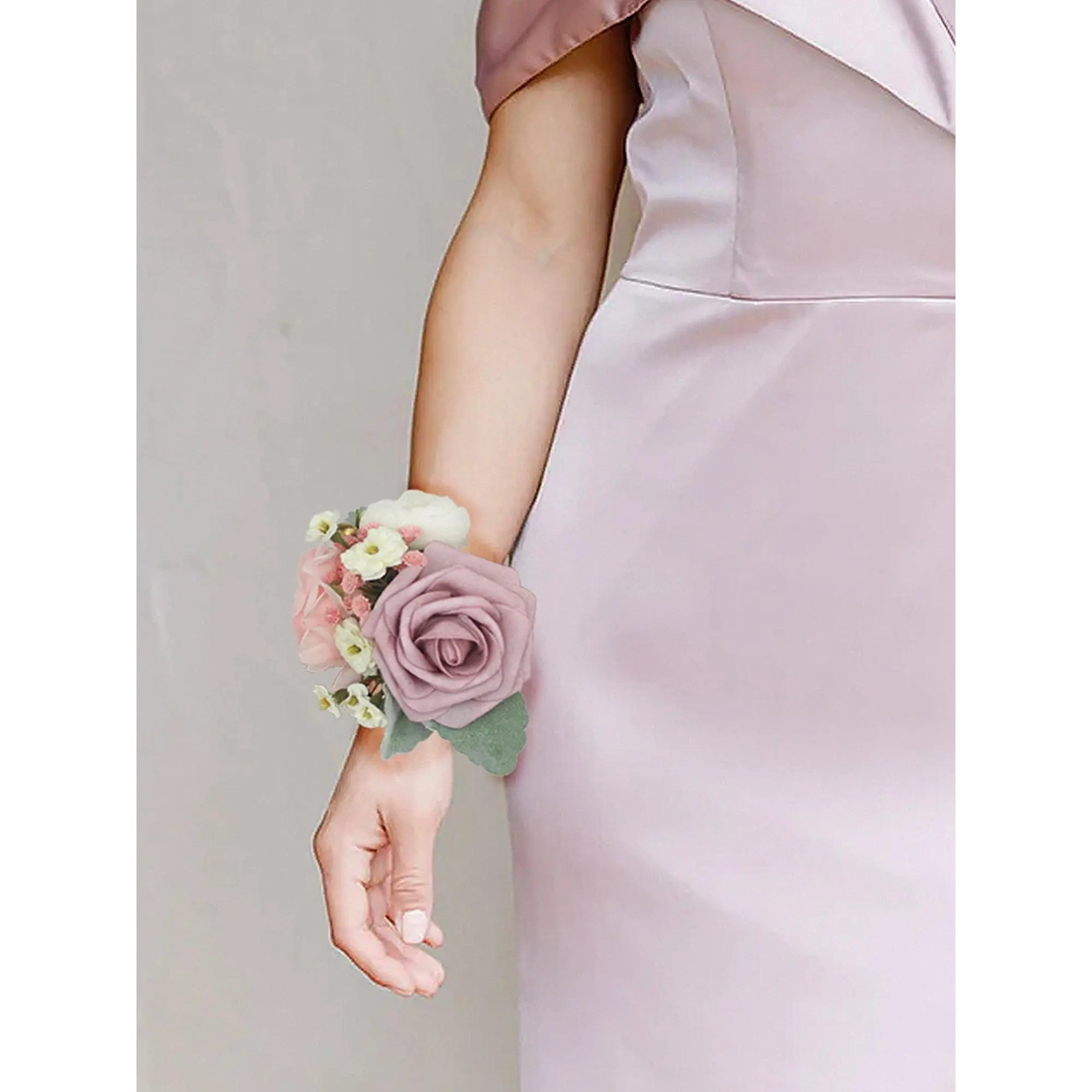 Rinlong Elegant Silk Flower Dusty Rose Wrist Corsage, All-Wrist-Fit Wedding Homecoming Festive Party Supply