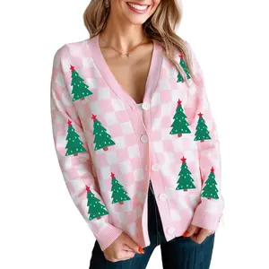 Women's Pink Checkered Christmas Tree Cardigan – Cozy V Neck Sweater for Festive Daily Wear