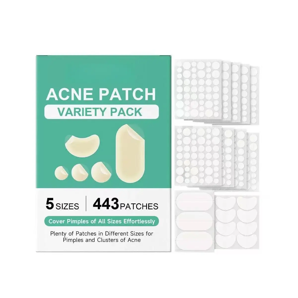 Large Pimple Patches for Face, 5Sizes XL Acne Patches, Big Hydrocolloid Bandages for Body, Chin, Forehead, Chest, Back Zit Breakouts, Hydrocolloid Patch (Strip, Square, Dot 443 Count)