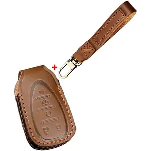 Leder car key fob cover with keychain fits for Chevrolet Chevy Malibu Camaro Cruze traverse spark Sonic encore car key case cover smart remote car key keyless entry holder 5 buttons Brown