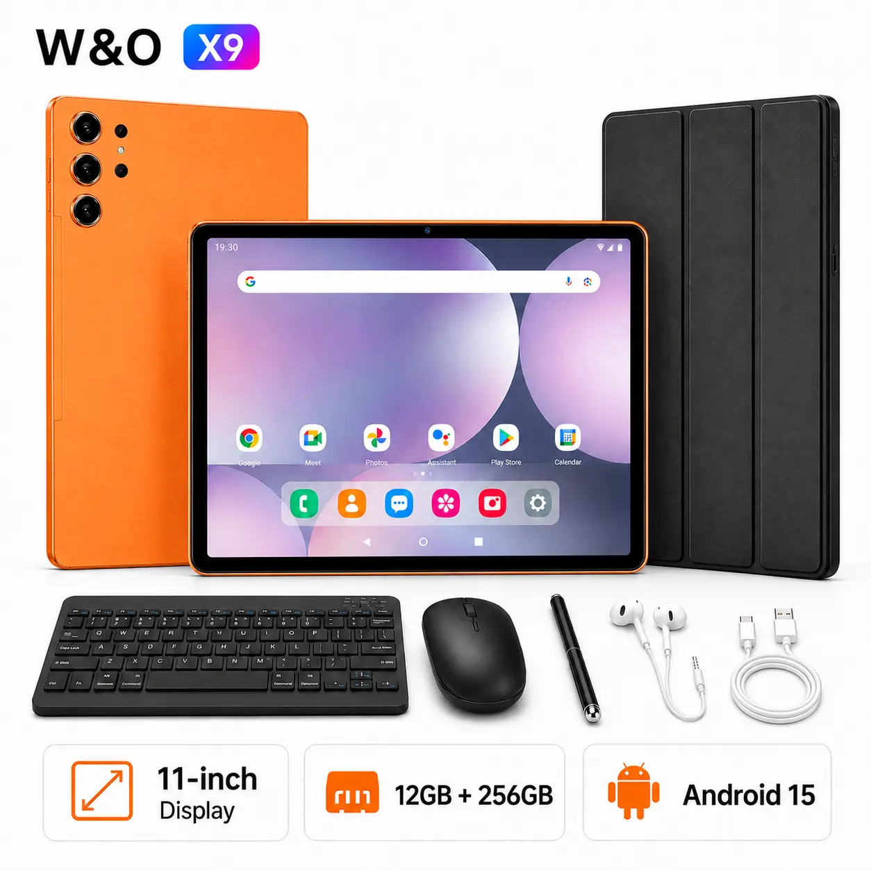 W&O X9U 11" Tablet with Android 15, 12GB RAM + 256GB Storage, 10000mAh Long Battery Life, GPS, 5G Network, Keyboard & Mouse Included, Large Screen Tablet for Streaming, Study, Office and Travel
