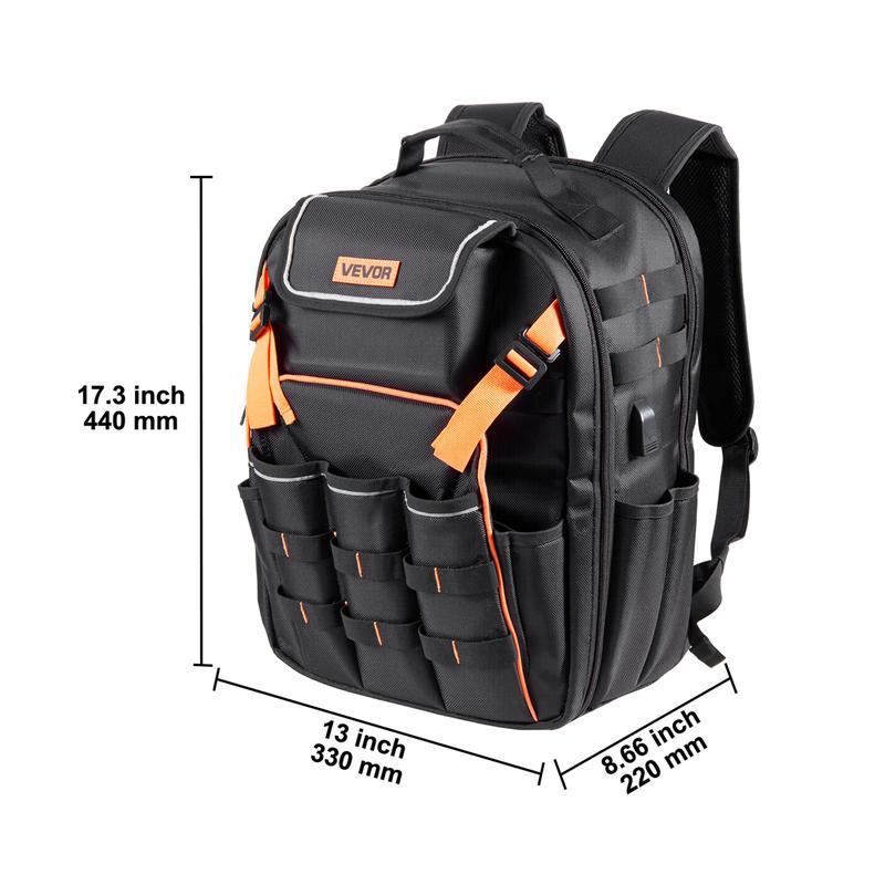 VEVOR Tool Backpack, 45 Pockets, Heavy-duty Tools Storage Organizer Work Bags with Laptop Compartment & Reinforced Fabric Basee, Electrician Jobsite Backpack for Electrician, Repairman
