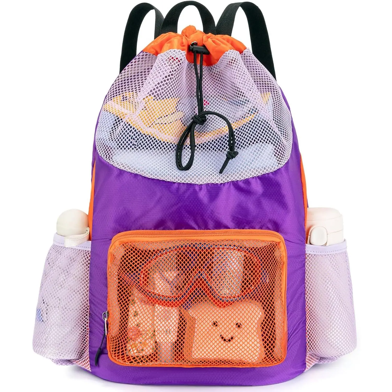 Swim Bag for Kids Mesh Beach Backpack for Boys Lightweight Drawstring Beach Bag Swimming Pool Sports Gym String Bag (Purple-Orange)