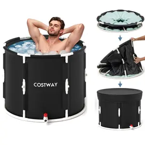 COSTWAY Ice Bath Tub, Foldable Ice Plunge Tub w/Lid, Sturdy Supporting Pipes, Drainage Pipes & Valve, Soaking Tub Athletes Cold Therapy Tub for Muscle Recovery, Backyard