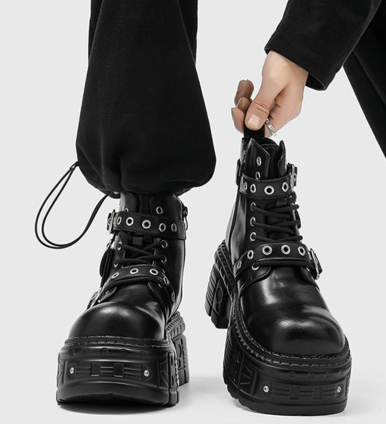 Men's Dark Punk Platform Boots Belt Decor Silhouette Flattering Street Fashion 2026 New