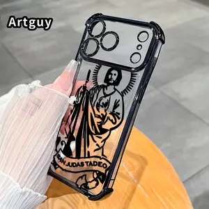 Artguy Electroplated Four Corner Anti-Fall Saint Jude Symbol Pattern Phone Case for iPhone 17 Pro Max 16 Air 15 Plus 14 13 12 11 E Shockproof Transparent Protective Cover Protection Cellphone
