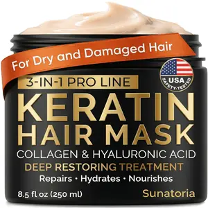 SUNATORIA Keratin Hair Mask - Deep Repair Moisturizer for Dry, Damaged Locks - Hydrates, Nourishes with Hydrolyzed Keratin, Hyaluronic Acid, Argan Oil, Collagen - Sulfate-Free, Paraben-Free - 8.5 fl oz, Hydrate