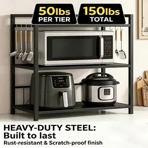 Heavy-Duty Microwave Stand | 60lbs Load-Bearing | Adjustable Height Over the Rack Shelf | Carbon Steel Kitchen Counter Organizer | Quick Tool-Free Assembly | Multi-Purpose Storage (Bathroom, Garage) | Includes 6 Utility Hooks
