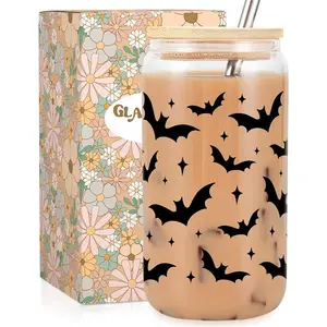 Halloween Bats Cup, Halloween Spooky Gifts, Gothic Bat Glass Cup, Cute 16 oz Iced Coffee Cup, Halloween Party, Boo Basket Stuffers, Bat Themed, Halloween Gifts for Women Men Bat Lover