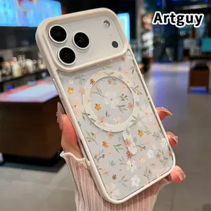 Magnetic Phone Case for iPhone 17 16  Pro Max Plus 15 14 13 12 11 Air E Whimsical Floral Tapestry  Patterned Clear Acrylic Back Shockproof Air-Guard Corners Hard Shell Cover