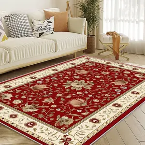 A Persian-style home carpet, Decorative Area Rug, with red base floral patterns, machine washable and colorfast, soft and durable, suitable for holidays and any space area, including hotels, offices, sofas, bedside, and corridors, etc.