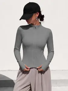 Women's Lightweight Zipper Sports Jacket, Slim Fit Long Sleeve Yoga Top with Thumbholes, Breathable Fitness Running Coat