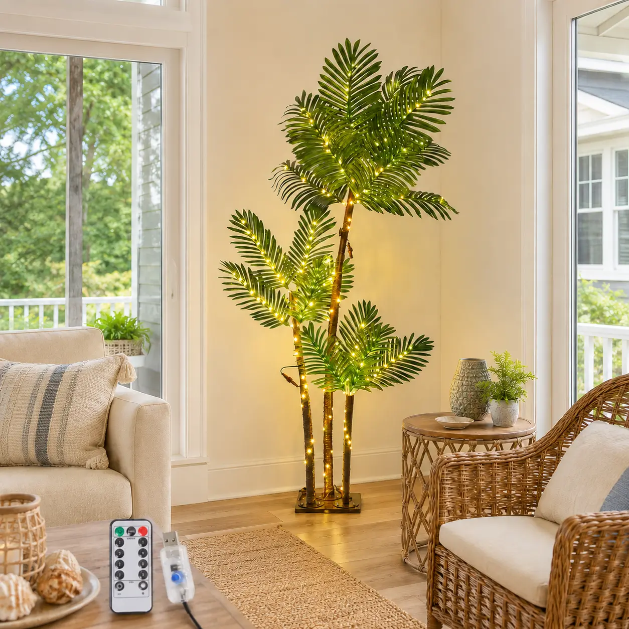 5/6 ft Tall 3-Trunk USB Powered Illuminated Palm Tree - LED Artificial Tree Lights with Palm Fronds, Ideal for Tropical Party, Outdoor Home Festive Decor