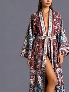 Women's Bohemian Ethnic Vintage Paisley Floral Printed Kimono Cardigan, Long Sleeve Loose Fit Outerwear, Casual Party Street Style Jacket