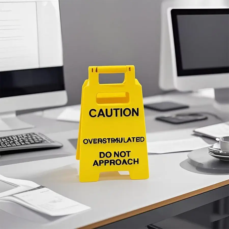 Caution Overstimulated Desk Sign, 2 Counts/set Don't Approach Warning Sign, Humor Gag Gift for Coworkers, Boss & Employees, Mini Novelty Desk Decor