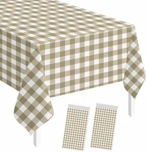 SietDESEO 2 Pack Brown Gingham Tablecloth Rectangle 54 x 108 Brown and White Checkered Table Cloth Disposable Plaid Table Cover Plastic for Birthday Baby Shower Picnic Wedding Party Supplies