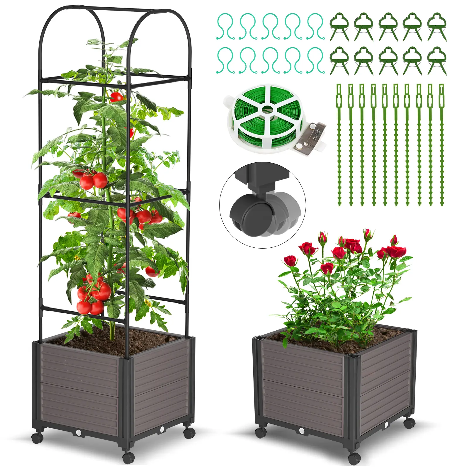 ABORON Tomato Planter with Trellis, Large Flower Potwith Wheels, Raised Garden Bed Planter Box, Square Garden Plant Pots for Outdoor & Indoor Plants Flowers