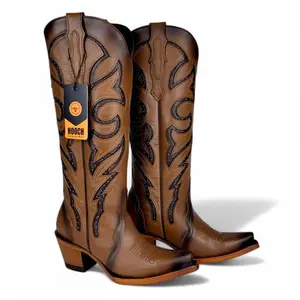 Bota Vaquera para Mujer Punta Snip Alta "Luna Honey" de Piel Genuina con Tubo 16” y Tacon Western de 2.5” – Hooch Boots H26T9551
