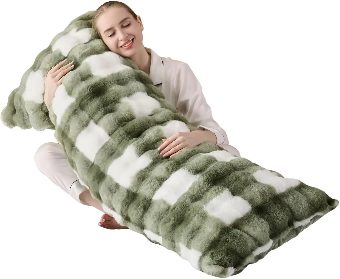 20"x54" Luxury Shaggy Faux Fur Body Pillow Cover, Bubble Fluffy Plush Pillowcase with Zipper Closure, Long Pillow Cover for Home Bedroom Pregnant Women Side Sleeper - Sage Green Grid Print