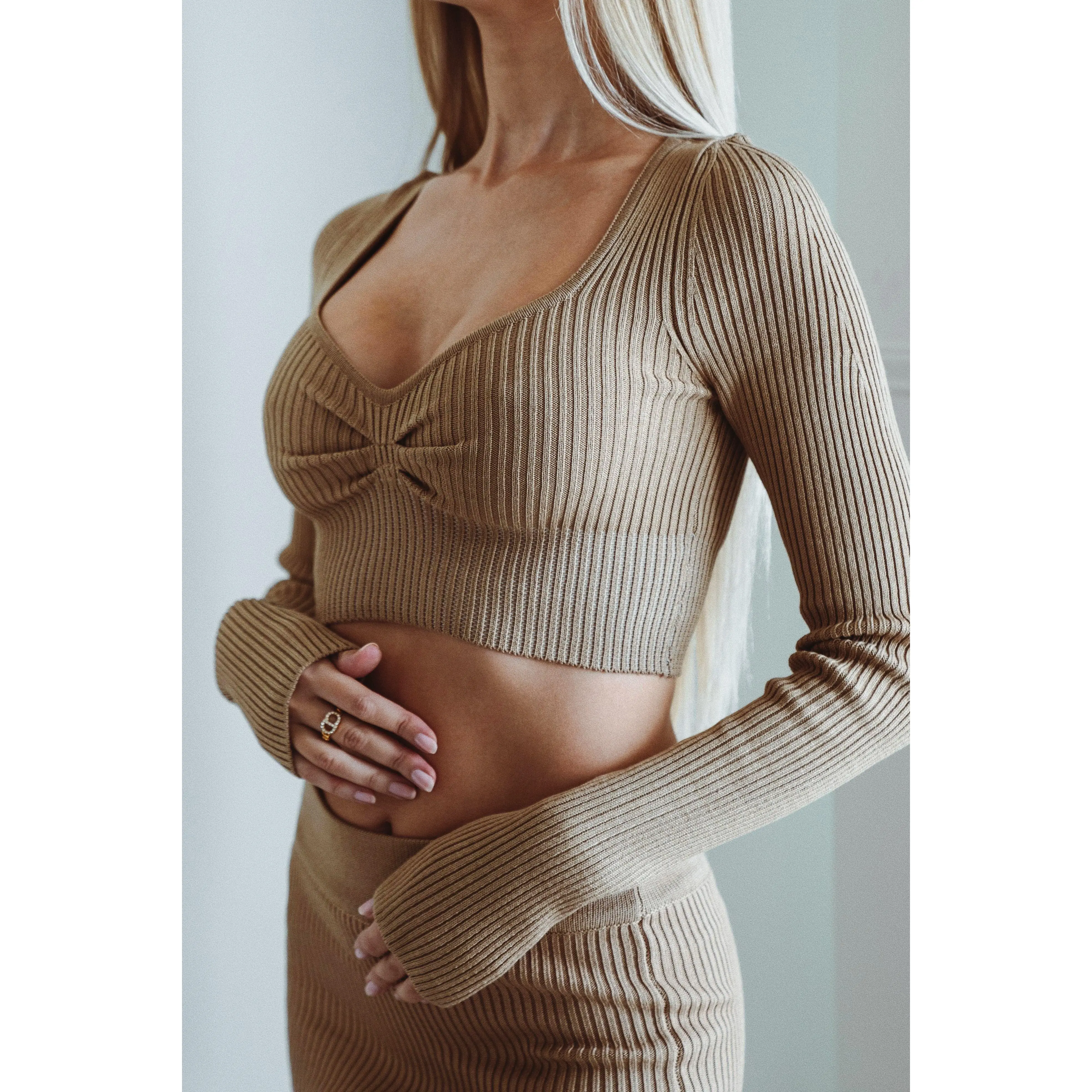 Bando Long Sleeve Crop Top Tan