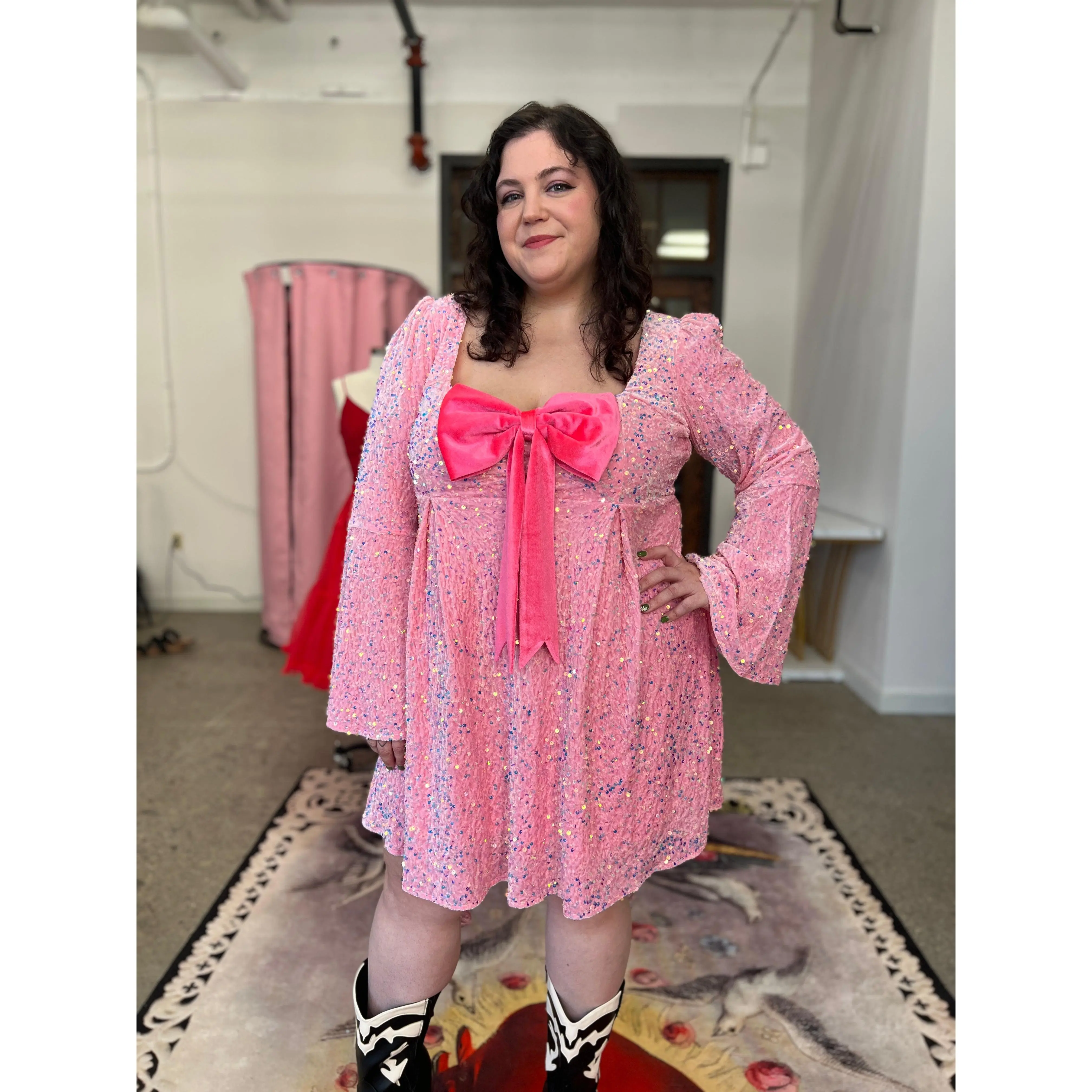 Priscilla 60's Bell Sleeve Sequin Velvet Mini Dress in Pink - TikTok Shop