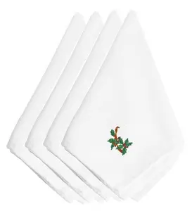212 MAIN Fabric Napkins - Set of 4, Christmas Holly Ribbon String Embroidered Design, Holiday Home Tableware & Cutlery Fabric Home Accessory