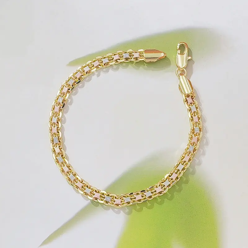 Women's 18K Gold Plated Tri-Color Curb Link Enamel Bracelet - Pink, White, Black Flat Chain, Dainty Gold Piece, Exquisite Everyday Wear Accessory, Female Fashion Wrist Jewelry, Elegant Costume Gift
