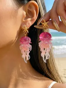 Starfish Jellyfish Pendant Stud Earrings, Ocean Vacation Style, Transparent Colorful Ear Jewelry, Beach Date Daily Wear Accessories