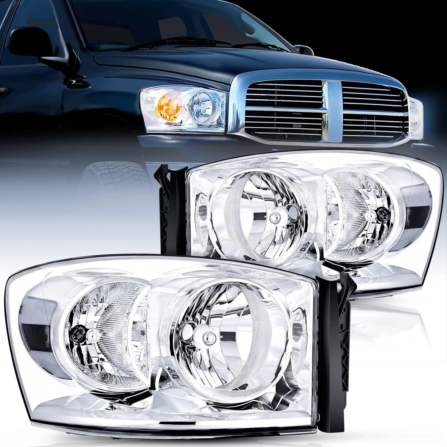 Nilight 2-Pack Truck Headlight Assembly, Chrome Housing, Transparent Reflector, Transparent Lens, Waterproof, Compatible with 2006-2009 Dodge Ram 1500/2500/3500