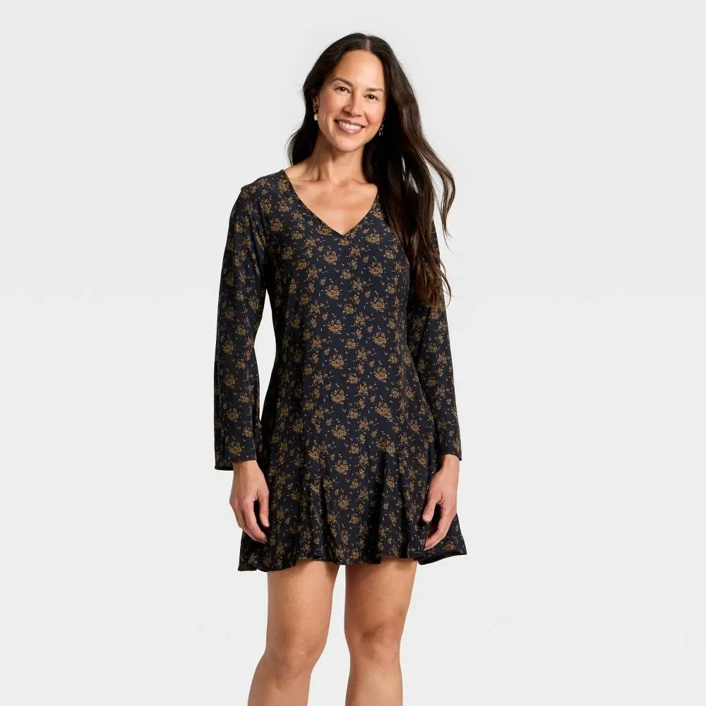 long sleeve a-line mini dress in brick - TikTok Shop