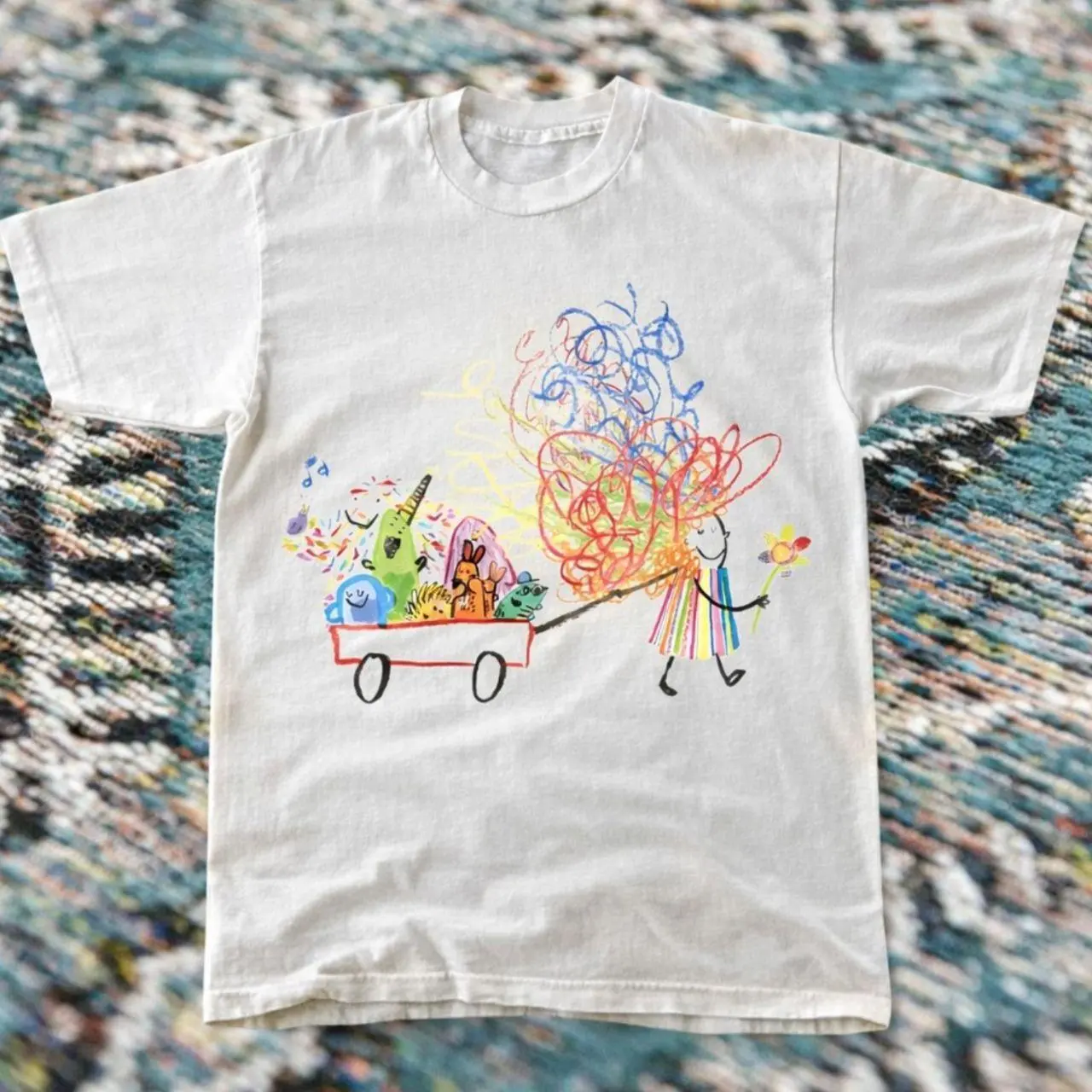 Colorful Scribble Drawing Monster Wagon T-shirt And Baby Tee | Cute Crayon Art Person Graphic Shirt, Vintage Kidcore Aesthetic Tee, Indie Abstract Painting Top, Kawaii Creative Aesthetic Clothing, Unique Gift For Art Lovers